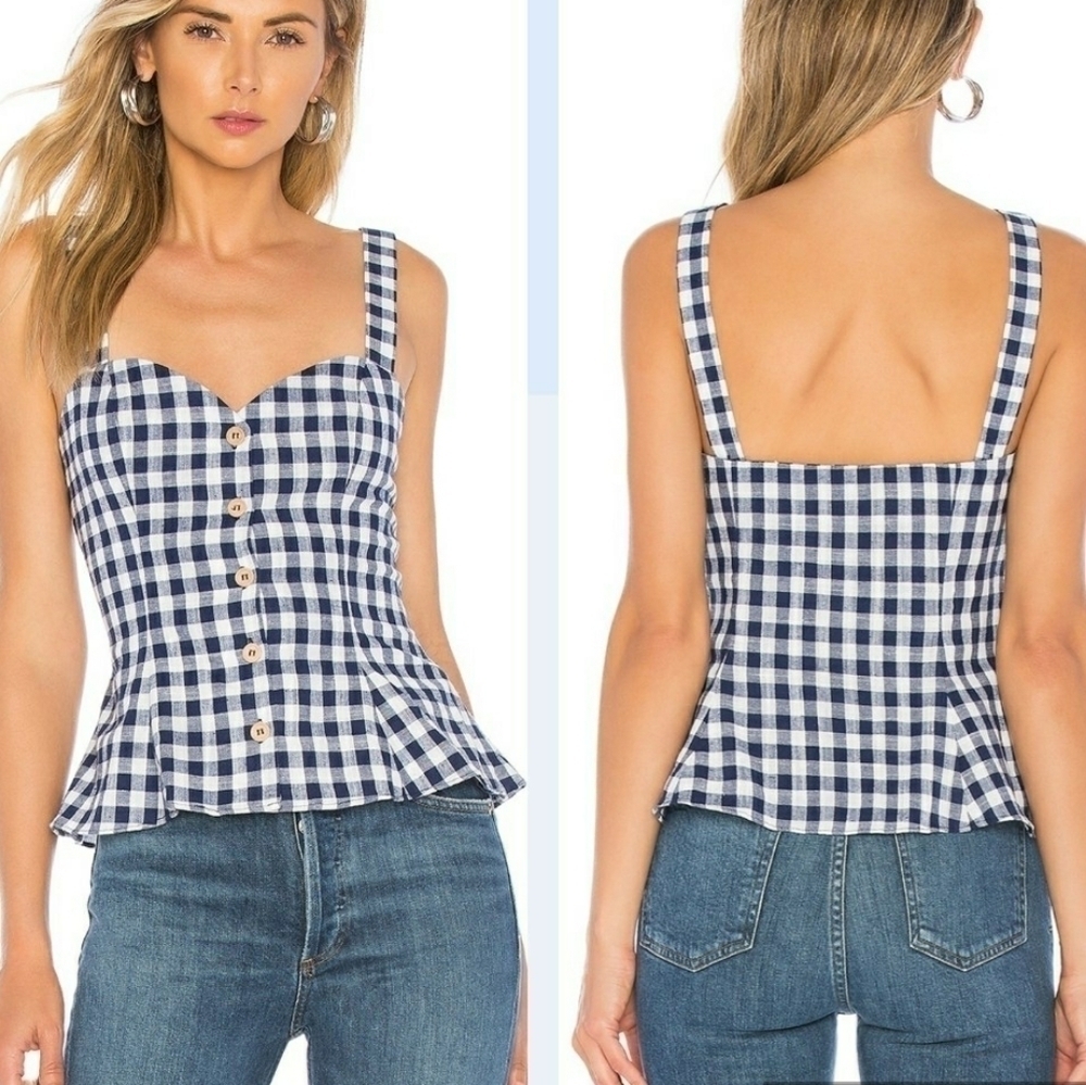 L'Academie THE Brasila Peplum Style Top In Navy Check NWT